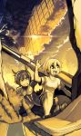  2girls ami_dixie aniece_(nitrotitan) bike_shorts bodysuit demon_girl highres horns monochrome multiple_girls nitrotitan open_mouth original ruins sepia short_hair small_breasts t-shirt 