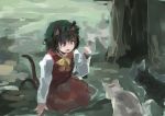  1girl animal_ears brown_eyes brown_hair cat cat_ears cat_tail chen dress ichiba_youichi long_sleeves mob_cap multiple_tails nekomata open_mouth red_dress shirt sitting solo tail too_many_cats touhou tree 