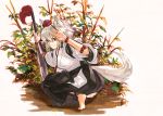  1girl adapted_costume alternate_costume animal_ears barefoot full_body hakama hat inubashiri_momiji japanese_clothes kimono long_sleeves looking_at_viewer looking_back red_eyes short_hair silver_hair smile smirk soles solo squatting string sword tail tiptoes toeless_socks tokin_hat tora_jun touhou weapon wide_sleeves wolf_ears wolf_tail 
