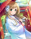  1girl ahoge artist_request flower green_eyes hair_flower hair_ornament idolmaster idolmaster_cinderella_girls japanese_clothes kimono light_brown_hair long_hair official_art satou_shin uchikake umbrella 