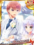  1boy 1girl angel_beats! brown_eyes brown_hair card_(medium) couple dress elbow_gloves formal gloves holding_hands long_hair otonashi_(angel_beats!) satomi_yoshitaka short_hair silver_hair suit tachibana_kanade wedding wedding_dress yellow_eyes 