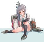  1girl arm_warmers backpack bag blush bra collarbone dress_shirt full_body grey_hair grey_skirt hair_ornament hair_ribbon japanese_flag kantai_collection kasumi_(kantai_collection) konnyaku_(kk-monmon) long_hair looking_away open_clothes open_shirt orange_eyes pleated_skirt ribbon shadow shirt short_sleeves side_ponytail skirt smoke solo sports_bra tears torn_clothes torn_skirt turret underwear uneven_eyes 