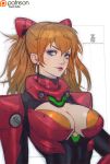  1girl adapted_costume blue_eyes breasts brown_hair cleavage cleavage_cutout earrings hairpods jewelry large_breasts lips long_hair neon_genesis_evangelion nose older paul_kwon plugsuit rebuild_of_evangelion shikinami_asuka_langley solo souryuu_asuka_langley twintails upper_body 