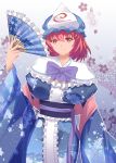  1girl arm_strap blue_dress breasts capelet dress fan floral_print folding_fan highres large_breasts long_sleeves looking_at_viewer mob_cap pink_eyes pink_hair saigyouji_yuyuko sash shawl smile solo touhou triangular_headpiece veil wide_sleeves x&amp;x&amp;x 