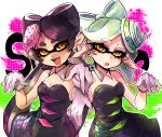 2girls :d artist_request black_hair breasts callie_(splatoon) cleavage cousins detached_collar dress earrings fangs food food_on_head gloves jewelry long_hair marie_(splatoon) mask mole mole_under_eye multiple_girls object_on_head open_mouth orange_eyes pointy_ears short_hair siblings sisters smile splatoon strapless_dress sushi tentacle_hair upper_body white_gloves white_hair