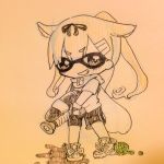  1girl chibi commentary domino_mask grin hair_flaps hair_ornament hairclip jakoo21 kantai_collection looking_at_viewer ponytail remodel_(kantai_collection) scarf shoes shorts sketch smile splatoon t-shirt yuudachi_(kantai_collection) 