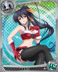  1girl breasts card_(medium) christmas cleavage gloves hair_ribbon hand_on_own_chest high_school_dxd himejima_akeno navel official_art ponytail queen_(chess) red_gloves ribbon santa_costume solo thigh-highs torn_clothes trading_cards 
