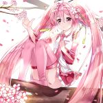  1girl ahoge cherry_blossoms detached_sleeves gendo0033 hand_on_own_chest hatsune_miku in_tree long_hair necktie pink_eyes pink_hair pink_legwear sakura_miku sitting sitting_in_tree skirt solo thigh-highs tree twintails very_long_hair vocaloid white_background 