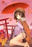  1girl autumn_leaves bakemonogatari barefoot black_hair brown_eyes brown_hair cabbie_hat hat minari_(minari37) monogatari_(series) oriental_umbrella sengoku_nadeko short_hair solo swimsuit torii umbrella 