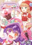  &gt;_&lt; 2girls annie_hastur bite_mark blonde_hair blush_stickers bracelet candy candy_cane cupcake dakun eating fang food_as_clothes food_themed_clothes green_eyes hat heterochromia jewelry league_of_legends little_red_riding_hood little_red_riding_hood_(grimm) looking_at_viewer lulu_(league_of_legends) multiple_girls open_mouth orange_eyes pix purple_hair twintails violet_eyes wings witch_hat 