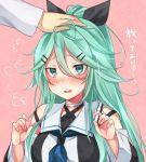  1girl blush commentary_request green_eyes green_hair hair_ornament hair_ribbon hairclip kantai_collection neckerchief nose_blush open_mouth petting pink_background ponytail ribbon sailor_collar sk02 translation_request upper_body wavy_mouth yamakaze_(kantai_collection) 