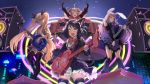 4girls animal_ears bare_shoulders bell black_dress blonde_hair cat_ears cat_tail chuchu_(show_by_rock!!) cyan_(show_by_rock!!) detached_sleeves dress drum drum_set electric_guitar glasses green_eyes guitar hair_ornament instrument long_hair makai_no_juumin moa_(show_by_rock!!) multiple_girls pink_eyes pink_hair purple_hair rabbit_ears retoree shirt show_by_rock!! skirt speaker stage striped striped_legwear tail thigh-highs twintails very_long_hair zettai_ryouiki 