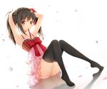  1girl adjusting_hair bare_shoulders black_hair bow fanqie_jidan long_hair love_live!_school_idol_project mouth_hold red_eyes reflection ribbon solo thigh-highs twintails tying_hair yazawa_nico 