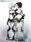  2girls absurdres arm_holding barefoot black_hair breasts cleavage cyborg genderswap highres katana kentia metal_gear_(series) metal_gear_rising:_revengeance multiple_girls ponytail raiden red_eyes samuel_rodrigues scar sword weapon white_hair 