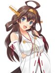  1girl :d ahoge blue_eyes breasts brown_hair crossed_arms hairband headgear hobenkei kantai_collection kongou_(kantai_collection) long_hair open_mouth simple_background smile solo white_background wide_sleeves 