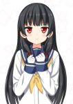  1girl black_hair gloves hair_ribbon icetiina isokaze_(kantai_collection) kantai_collection long_hair looking_at_viewer red_eyes ribbon school_uniform serafuku smile solo star 