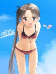  1girl arms_behind_back ayanami_(kantai_collection) bikini blush brown_eyes brown_hair clouds hair_ribbon kantai_collection leaning leaning_forward long_hair looking_at_viewer musical_note navel open_mouth ponytail ribbon shinkun side_ponytail sky solo spoken_musical_note standing swimsuit translation_request 