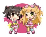  2girls akagi_miria black_hair blonde_hair bow brown_eyes chibi fang green_eyes hair_bobbles hair_bow hair_ornament idol idolmaster idolmaster_cinderella_girls jougasaki_rika mismatched_legwear multiple_girls one_eye_closed open_mouth smile sunglasses sunglasses_on_head twintails two_side_up v yuriesu 