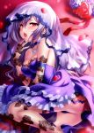  1girl bare_shoulders elbow_gloves fishnets gloves idolmaster idolmaster_cinderella_girls jewelry kanzaki_ranko long_hair necklace open_mouth petals red_eyes silver_hair solo veil zen 