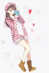 1girl brown_eyes brown_hair cup eris.y_(7hai) head_scarf heart hoodie mug pile_(seiyuu) shorts smile solo striped_hoodie 