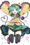  1girl black_legwear e.o. floral_print green_eyes green_hair hat hat_ribbon heart heart_of_string jumping komeiji_koishi long_sleeves looking_at_viewer open_mouth outstretched_arms ribbon shirt skirt sleeves_past_wrists smile solo thigh-highs third_eye touhou upskirt wide_sleeves zettai_ryouiki 