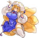  1girl \m/ adapted_costume alternate_costume animal_ears blonde_hair blush breasts double_\m/ fox_ears fox_tail full_body hat large_breasts long_sleeves mob_cap multiple_tails sachito simple_background smile solo tabard tail thigh-highs touhou white_background white_legwear yakumo_ran yellow_eyes zettai_ryouiki 