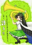  1girl black_hair black_wings bow cape hair_bow instrument monrooru musical_note open_mouth ponytail red_eyes reiuji_utsuho solo touhou tuba wings 