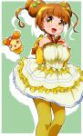  1girl bow breasts brown_hair creature dokidoki!_precure double_bun frilled_skirt frills green_background hair_ornament hairclip highres large_breasts orange_bow pantyhose precure rance_(dokidoki!_precure) ryuuta_(cure_ryuuta) short_hair skirt smile standing yellow_eyes yellow_legwear yotsuba_alice 