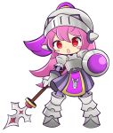  1girl :o absurdres armor armored_dress blush_stickers boots chiquita_(puyopuyo) gloves gradient_hair greaves helmet highres knee_boots knight kokoru_(pixiv) long_hair multicolored_hair official_style pink_hair polearm ponytail purple_hair puyopuyo puyopuyo_quest red_eyes shield skirt solo spear standing tabard weapon white_background 