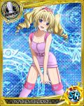  1girl :d antenna_hair bishop_(chess) blonde_hair blue_background blue_eyes boots breasts card_(medium) character_name cleavage collarbone drill_hair hat heart high_school_dxd nurse_cap official_art open_mouth over-kneehighs ravel_phenex smile solo strap_slip thigh-highs trading_cards twin_drills twintails 