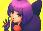  1girl bangs bob_cut bow dango_(this-modnar) elite_four glasses hair_bow looking_at_viewer open_mouth pen pokemon pokemon_(game) pokemon_bw purple_gloves purple_hair rimless_glasses saliva shikimi_(pokemon) short_hair solo tongue violet_eyes yellow_background 