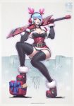  1girl ankle_boots antlers bangs bell bell_collar belt black_legwear blue_hair boots box breasts christmas christmas_lights cleavage collar detached_sleeves earmuffs fur_trim gift gift_box gloves hair_over_one_eye headphones huge_weapon large_breasts original over_shoulder panties pantyshot pantyshot_(sitting) paul_kwon project_mekanizer red_gloves reindeer_antlers short_hair sitting solo striped striped_panties swept_bangs sword thigh-highs underwear weapon weapon_over_shoulder 