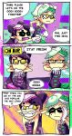 2girls 3koma callie_(splatoon) comic cousins english_text fangs grin long_hair marie_(splatoon) mask mole mole_under_eye multiple_girls object_on_head open_mouth pantyhose pointy_ears setz smile splatoon tentacle_hair