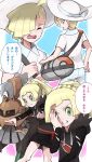  1boy 1girl asymmetrical_hair bag blonde_hair braid brother_and_sister commentary_request cosplay costume_switch covering_face french_braid frown gladio_(pokemon) green_eyes hair_over_one_eye hair_up handbag hat hood hood_down hoodie koutetsu_(fe_steel_stone) lillie_(pokemon) long_hair long_sleeves npc_trainer personality_switch pokemon pokemon_(creature) pokemon_(game) pokemon_sm short_hair short_ponytail siblings speech_bubble sun_hat text torn_clothes torn_sleeves translation_request type:_null white_hat 