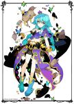  1girl :c arm_strap black_bra blue_eyes blue_hair boots bra bracelet braid butterfly crown floating_rocks frame ideolo jewelry long_hair midriff mini_crown navel off_shoulder overskirt shaded_face shirt skirt solo stella_glow twin_braids underwear veil very_long_hair 