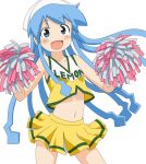  1girl bare_shoulders blue_eyes blue_hair blush cheerleader dress hat highres ikamusume looking_at_viewer midriff navel official_art pom_poms scan solo tentacles 