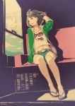  1girl adjusting_hair arm_support artist_name black_hair clouds flip-flops highres hoodie looking_away midriff navel original pomodorosa reflection sandals short_hair shorts sitting sky sleeves_rolled_up solo train train_interior upscaled window 