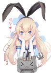  &gt;_&lt; 1girl :3 anchor_hair_ornament blonde_hair blue_eyes hair_ornament hair_ribbon hands_on_own_cheeks hands_on_own_face heart highres kantai_collection long_hair looking_at_viewer machinery rensouhou-chan ribbon shimakaze_(kantai_collection) smile solo src_(rongcyuan_sie) translated turret 