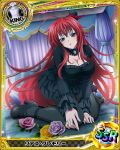  1girl ahoge blue_eyes breasts card_(medium) character_name cleavage cleavage_cutout flower frills hat high_school_dxd king_(chess) long_hair looking_at_viewer mini_top_hat official_art pantyhose parted_lips redhead rias_gremory solo top_hat trading_cards very_long_hair 