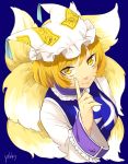  1girl 80yakky artist_name blonde_hair blue_background fingernails fox_tail hat hat_with_ears highres index_finger_raised long_sleeves looking_at_viewer multiple_tails ofuda raised_hand short_hair simple_background smile solo tabard tail tassel touhou upper_body yakumo_ran yellow_eyes 
