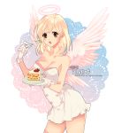  1girl :o angel angel_wings bare_shoulders blonde_hair blush breasts brown_eyes cleavage dated dress eating fork gloves halo highres korean multiple_wings plate short_hair solo strapless_dress strawberry_shortcake white_background wings 