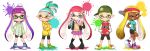  2boys 3girls ;d bike_shorts blonde_hair dark_skin hair_ornament hat inkling long_hair multiple_boys multiple_girls one_eye_closed open_mouth pink_hair riko_(sorube) school_uniform serafuku short_hair smile splatoon visor_cap 