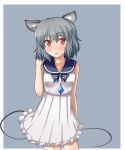  1girl alternate_costume animal_ears bandana blush dress gem grey_hair highres jewelry mono_(mono60) mouse_ears mouse_tail nazrin necklace playing_with_own_hair red_eyes short_hair sleeveless sleeveless_dress solo tail touhou 