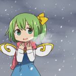  1girl breath daiyousei fairy_wings green_eyes green_hair scarf side_ponytail snowing solo touhou wings winter yamabuki_(yusuraume) 