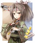  1girl airplane arrow blush brown_eyes brown_hair camouflage chopsticks hachimaki headband high_ponytail japanese_clothes kantai_collection looking_at_viewer muneate omelet open_mouth rabochicken remodel_(kantai_collection) solo tamagoyaki upper_body yugake zuihou_(kantai_collection) 