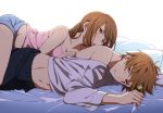  1boy 1girl amayu_(hh21) bare_shoulders bed_sheet blush breasts brother_and_sister brown_hair camisole flower hair_flower hair_ornament hairclip hasegawa_utsutsu hasegawa_yume hetero incest long_sleeves lying midriff on_bed on_side open_clothes open_fly open_mouth open_shirt pants parted_lips pillow pupa scar scar_across_eye sheet_grab shirt shirt_pull short_hair short_shorts shorts siblings unzipped 