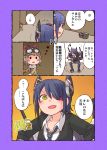  2girls abekawa blush blush_stickers checkered_necktie comic eyepatch fairy_(kantai_collection) fingerless_gloves gloves goggles_on_hat hat hat_ribbon headgear kantai_collection machinery multiple_girls musical_note necktie open_mouth purple_hair ribbon sandals short_hair sweatdrop sword tenryuu_(kantai_collection) thigh-highs turret weapon yellow_eyes 