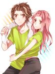  1boy 1girl alternate_hairstyle ariilha12 blush brown_eyes brown_hair forehead guilty_crown hair_ornament hairclip highres long_hair looking_at_viewer matching_outfit ouma_shuu pink_hair red_eyes short_hair towel towel_around_neck yuzuriha_inori 