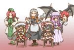  6+girls apron bat_wings blonde_hair blue_dress blue_hair book braid chair chamaji china_dress chinese_clothes crossed_arms cup demon_girl demon_wings dress fang fangs flandre_scarlet hat hat_ribbon head_wings highres hong_meiling izayoi_sakuya koakuma long_hair long_sleeves maid maid_headdress mob_cap multiple_girls open_mouth patchouli_knowledge pink_dress puffy_short_sleeves puffy_sleeves purple_hair red_dress red_eyes redhead remilia_scarlet ribbon shirt short_sleeves siblings side_ponytail silver_hair sisters sitting smile striped striped_dress teacup teapot touhou tray twin_braids violet_eyes waist_apron wings 