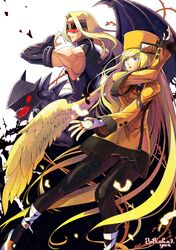  1boy 1girl back-to-back black_legwear blindfold blonde_hair blue_eyes demon_wings eddie_(guilty_gear) feathered_wings feathers fighting_stance fingerless_gloves fur_hat gloves guilty_gear guilty_gear_xrd hat jacket long_hair millia_rage pantyhose single_wing skirt ushanka very_long_hair wings yora zato-1 